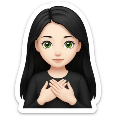 Pale girl with long black hair and olive green eyes soft smile wearing black dress and holding hands over her chest sticker