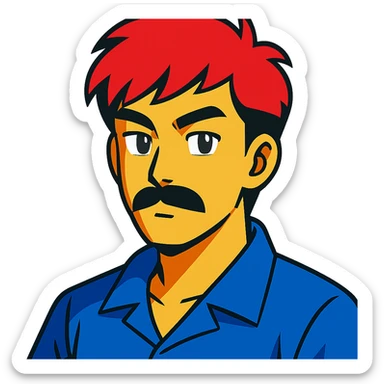asian man with black mustache and red hair, 90's anime style, vibrant toon style sticker