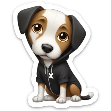 dog wearing a black hoodie with a white x on it sticker