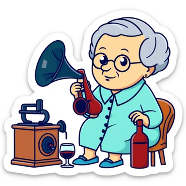 old lady with wineglass listening to gramophone sticker