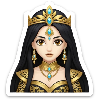 Akasha with white skin, brown eyes, black long hair, gold outfit sticker