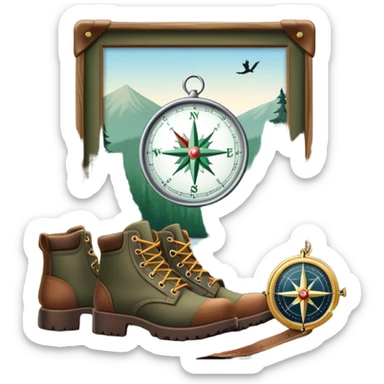 emoji for Hunting Tourism: a rifle, hunting boots, and a compass on a forest background, with a silhouette of wildlife in the distance. The icon should capture the adventure and connection with nature in hunting tourism. Transparent background. sticker