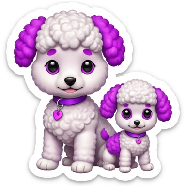 Two white toy poodle–style dogs, fluffy curly fur, round faces, black button eyes, pink and purple dyed ears and paws (magenta/violet tips). One standing upright, one sitting. Cute, plush, emoji style. sticker