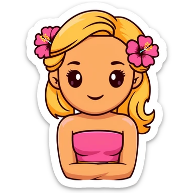 tan girl with blonde hair and brown highlight streaks with a hibiscus flower in her hair wearing a pink tube top with tan lines showing sticker