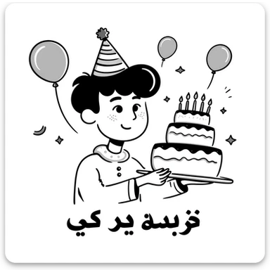 Extremely colorful and bright drawing of a cheerful boy with a birthday cake, rainbow colored decorations and party elements. At the bottom in large, bold, prominent Persian text write: "امیدرضا جان تولدت مبارک" sticker