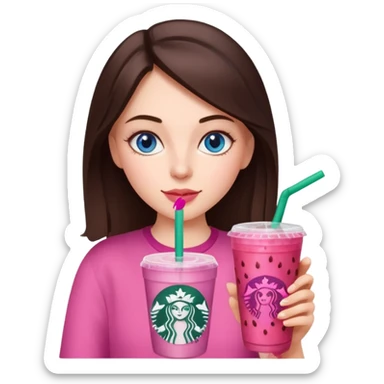 make an emoji of a brunette blue eye girl wearing pink drinking a strawberry acai refresher from starbucks sticker