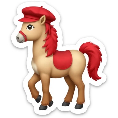 A cute pony (horse) emoji, full body, standing in side view, wearing a stylish red beret. sticker