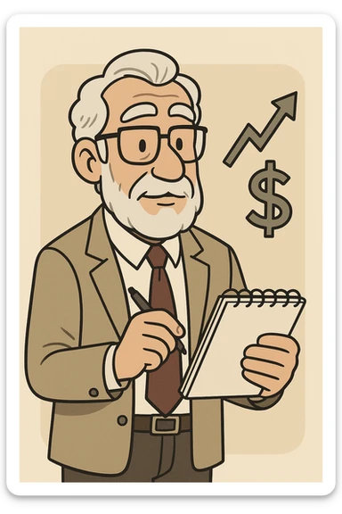 cartoon style older experienced male financial expert, with tie, glasses, notepad sticker