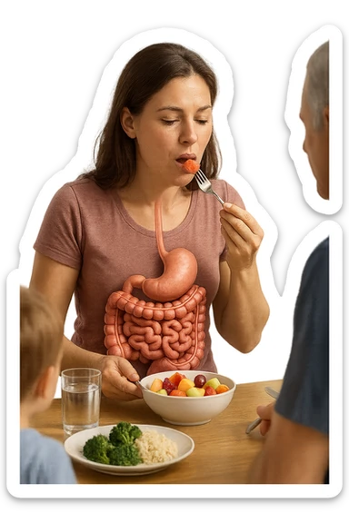 donna seduta a pranzo con la sua famiglia che mangia la frutta con intestino anatomico, iperrealistiche 4k sticker
