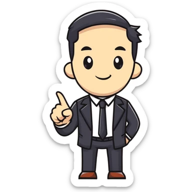 Boss character with a confident pose, business attire, pointing forward sticker