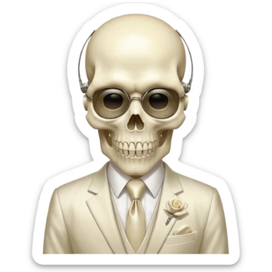aesthetic shiny glowing divine lighting - Megadeth icon - a politician in an ivory ethereal suit wears a white tie, has a skull instead of a head, and instead of glasses, has a metal plate with screws over his eyes sticker