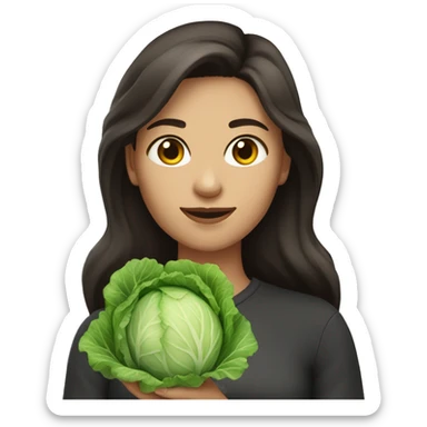 Women with long dark brown hair with name CAPUSTA hold in hands a cabbage  sticker