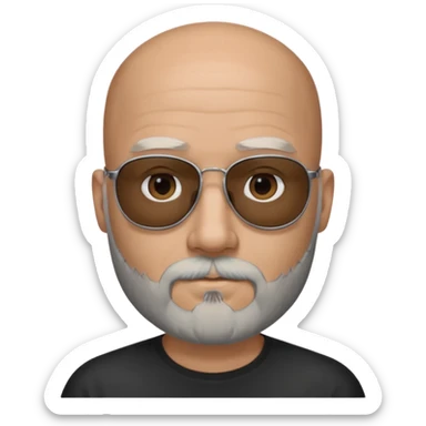 Bald man, wearing black opaque sunglasses, gray goatee beard sticker