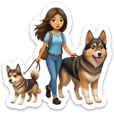 A long-haired girl walking a husky and a German shepherd sticker