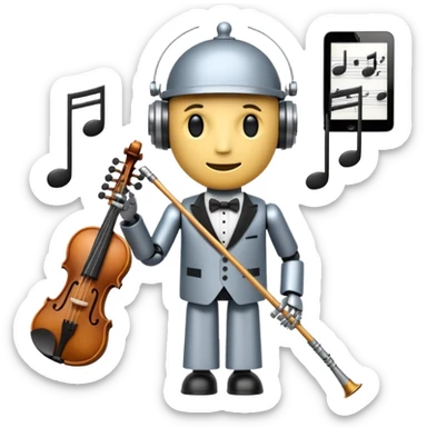 robot a sophisticated and elegant emoji that represents orchestration and arrangement. The design should feature a conductor’s baton, musical notes, and a symphonic score, symbolizing the process of arranging and orchestrating music. Incorporate instruments like a violin, trumpet, sticker
