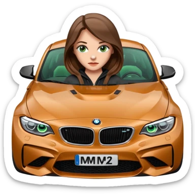 Beautiful Caucasian girl realistic with green eyes and long brown hair straddling sitting on the hood of BMW M2 car sticker