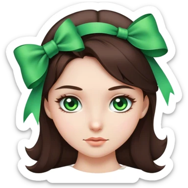 brunette girl with a bow and green eyes sticker