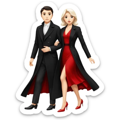 Ultra detailed realistic tango couple icon, black background, dramatic lighting, long black coat on man, white shirt and white shoes, red dress and white heels on woman, centered, minimal background, high contrast, 4K resolution, profile picture ready, sharp clean edges sticker