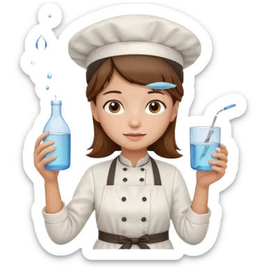 A girl with brown hair with a chef hat wearing an apron and holding a fish and a cup of water in another hand sticker