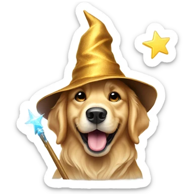 Golden retriever with a wizard hat and wand sticker