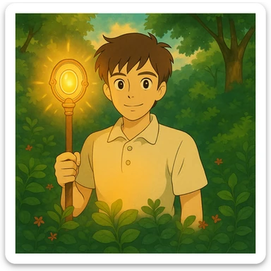 Add a magical item, such as a glowing staff or enchanted amulet, to Tom in Ghibli style, keeping the dreamy background and soft lighting. sticker