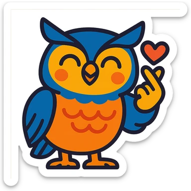a wise owl smiling and making the saranghae (Korean finger heart) sign, visually appealing style, vibrant colors sticker