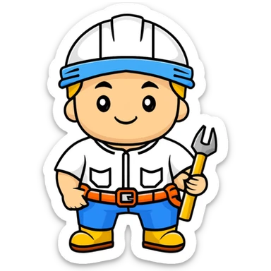 Ukrainian builder in traditional embroidered vyshyvanka shirt with construction helmet and tools sticker