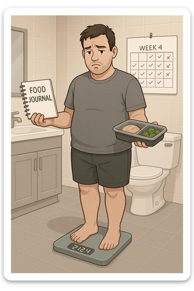 Man in his 30s standing on a bathroom scale, looking disappointed and confused. He holds a food journal and a meal prep container, clearly following a diet. Behind him, a calendar marked with weeks of effort. His body looks the same as before — no visible change. Expression: frustration, lack of motivation. Clean, modern bathroom setting with neutral tones. Digital scale showing the same number as before. Subtle emotional tone: discouragement sticker