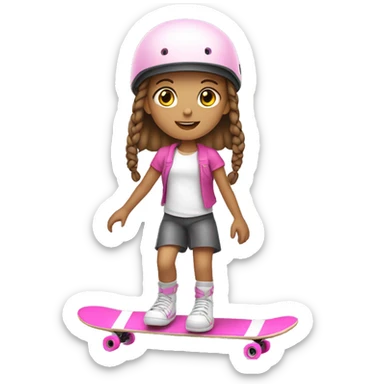 white little girl, brown hair with braids, with pink helmet skateboarding sticker
