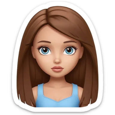 Pretty Bratz doll baddie, straight brown mid lenght hair, pale-tanned skin, natural makeup, light blue-grey eyes sticker