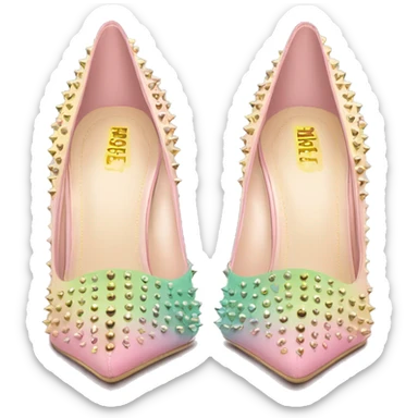 Hyper Realistic top front view of a pair of pastel pink,pastel green,and pastel yellow ombre gold studded pointed toe stiletto shoes.  sticker