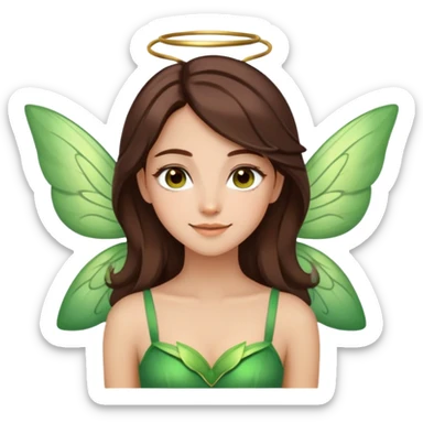 She has a middle parted layered chocolate brown hair with brown eyes and she has a cute small. She has green fairy wings on her back and she has light brown eyebrows  sticker