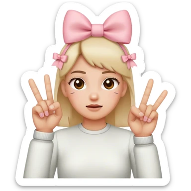 Blushing emoji with bows on the both side of the head with the two middle fingers sticker