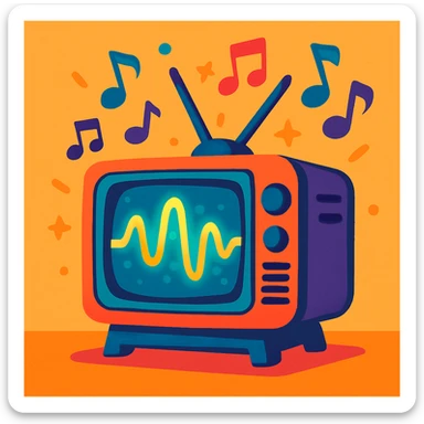 A vintage CRT TV with a glowing waveform, musical notes drifting upward, energetic and fun, vibrant toon style sticker