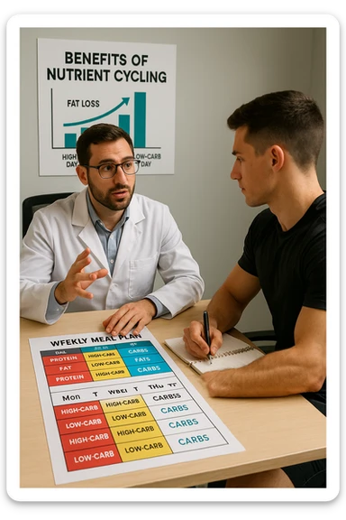 a nutritionist explains to an athlete how to cycle macronutrients for fat loss and training. On the desk, a weekly meal planner shows alternating high-carb and low-carb days, with color-coded sections for proteine, grassi, and carbo. The athlete takes notes, and a chart in the background illustrates the benefits of nutrient cycling. The mood is professional and educational. scritto in italiano sticker