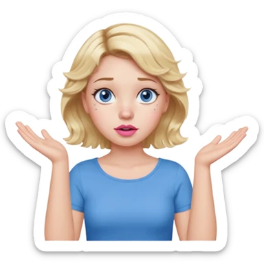 Girl Blonde short wavy hair,  blue eyes, cute blue top, long lashes, pink lips, confused, shrugging hands raised sticker