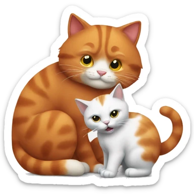 A big red cat playing with a small white-gray cat sticker