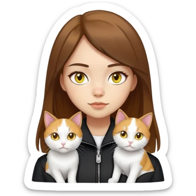 Light-skinned girl with brown straight hair wearing a black jacket, with a pure white cat with yellow eyes and a calico cat sticker