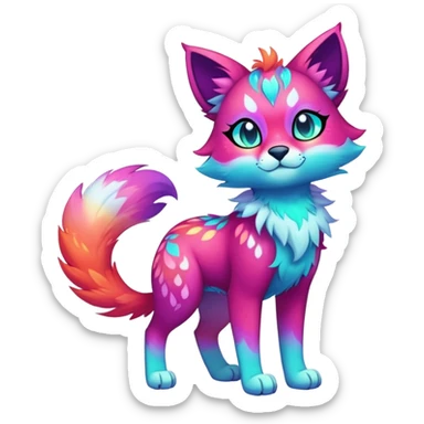 Vibrant multicolored neon-colored Falvie-Fionbri-creature-sparkle-feline-canine-hybrid-fursona, full body, fur pattern-markings sticker