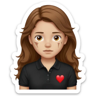 crie uma garota com ferimentos cabelo ondulado 2c longo castanho e blusa polo básica preta sticker