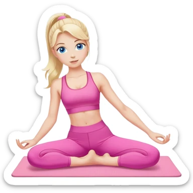 a nlode girl with blue eyes wearing a pink workout set, doing pilates sticker