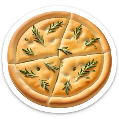 Focaccia Cinematic Realistic Focaccia Bread Dish Emoji, depicted as a golden, olive-oil brushed flatbread sprinkled with herbs, rendered with lifelike textures and warm, inviting lighting. sticker