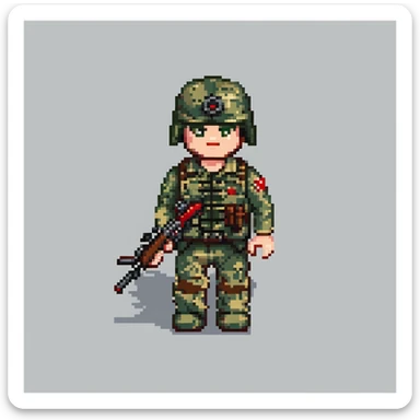 robloxian military man, very blocky body, classic roblox avatar proportions, camouflage uniform, helmet, holding toy rifle, simple background sticker