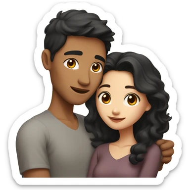 A half pale Asian man with short dark hair and amber eyes embracing and loving a half Asian woman with long wavy dark hair and dark hazel eyes. They love each other a lot And have good fashion taste. And are having a lot of fun sticker
