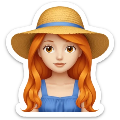 girl_wearing_summer_hat, orrange long hair, blue dress sticker