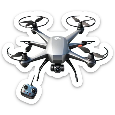 An icon showing a racing quadcopter drone in the foreground, flying at high speed through a course filled with obstacles and checkpoints. Other drones zoom in the background over a dynamic landscape. Transparent background highlights the thrill and precision of drone racing. sticker