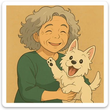 Make the Westie dog playful, with a joyful pose or playful look, keep the 50-year-old lady with silver curly hair smiling sticker