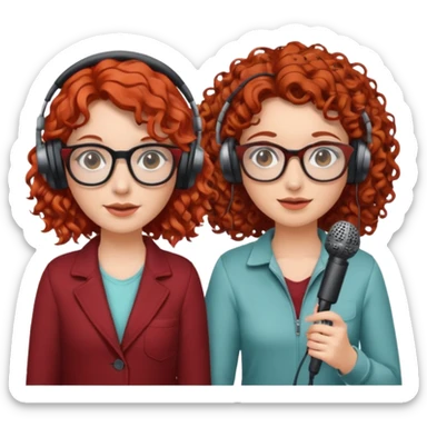 two girls. both white. one with curly red hair and glasses. one with curly brown hair without glasses. there are headphones and microphones for doing a podcast sticker