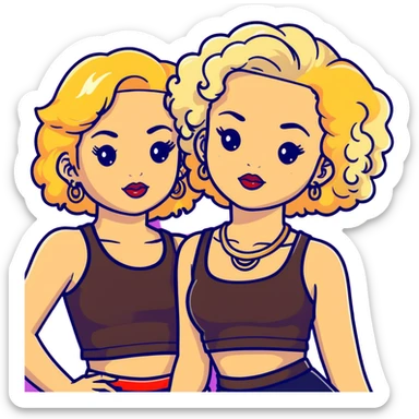 Two teenage girls together, one white with blonde hair and one brown-skinned with curly dark hair, both with heavy makeup, big lips, crop tops, gold jewelry and flashy choni style outfits sticker