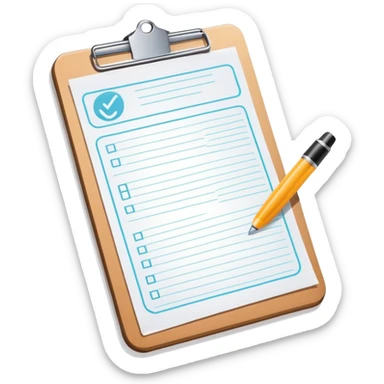 clipboard holding a simplified service order paper with faint lines, with a small checkmark symbol, clean vector art, bright colors, isolated sticker